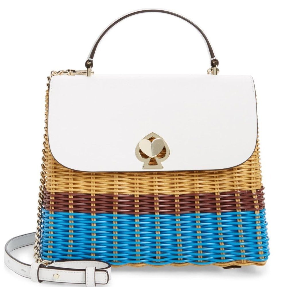 Kate Spade Romy Wicker Medium Top Handle Bag White Blue Woven
